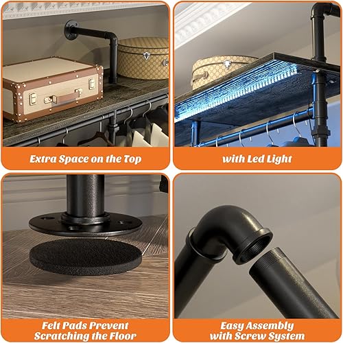 Miniatura 3 de Aheaplus Perchero industrial de tubo, perchero reversible de 118.3 pulgadas para colgar ropa, perchero resistente con luces LED y estantes, sistema