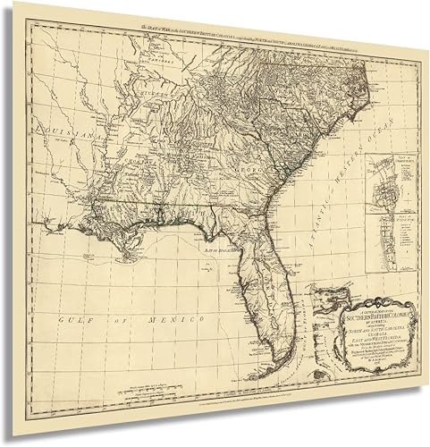 HISTORIX 1776 Mapa vintage de las colonias británicas del sur en América - Mapa vintage de Estados Unidos de 24 x 30 pulgadas del Atlántico sur que