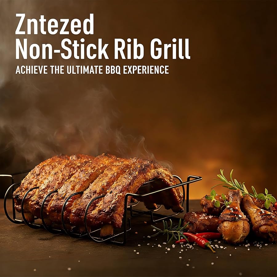 Zntezed 12-Inch Rib Rack for Smoking and Grilling, Stainless Steel Nonstick Rib Holder for Smoker Grill, Vertical BBQ Rack Holds up to 4 Back Ribs, Fits Gas Charcoal Pellet Grills, Black - image 2