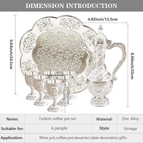 Miniatura 2 de Juego de cafetera y tazas turcas vintage, juego de servicio de té que incluye tetera, bandeja de té y tazas de metal para decoración de gabinetes de