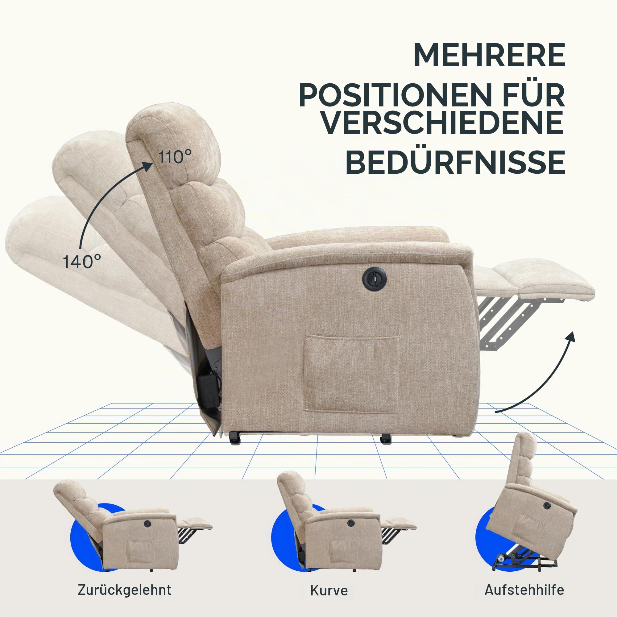 FLEXISPOT Relaxsessel, Aufstehsessel mit versteckter Becherhalter & Armlehnen-Aufbewahrung, Massagesessel mit Heizungfunktion im Wohnzimmer, Fernsehsessel, Liegesessel mit USB (Beige)