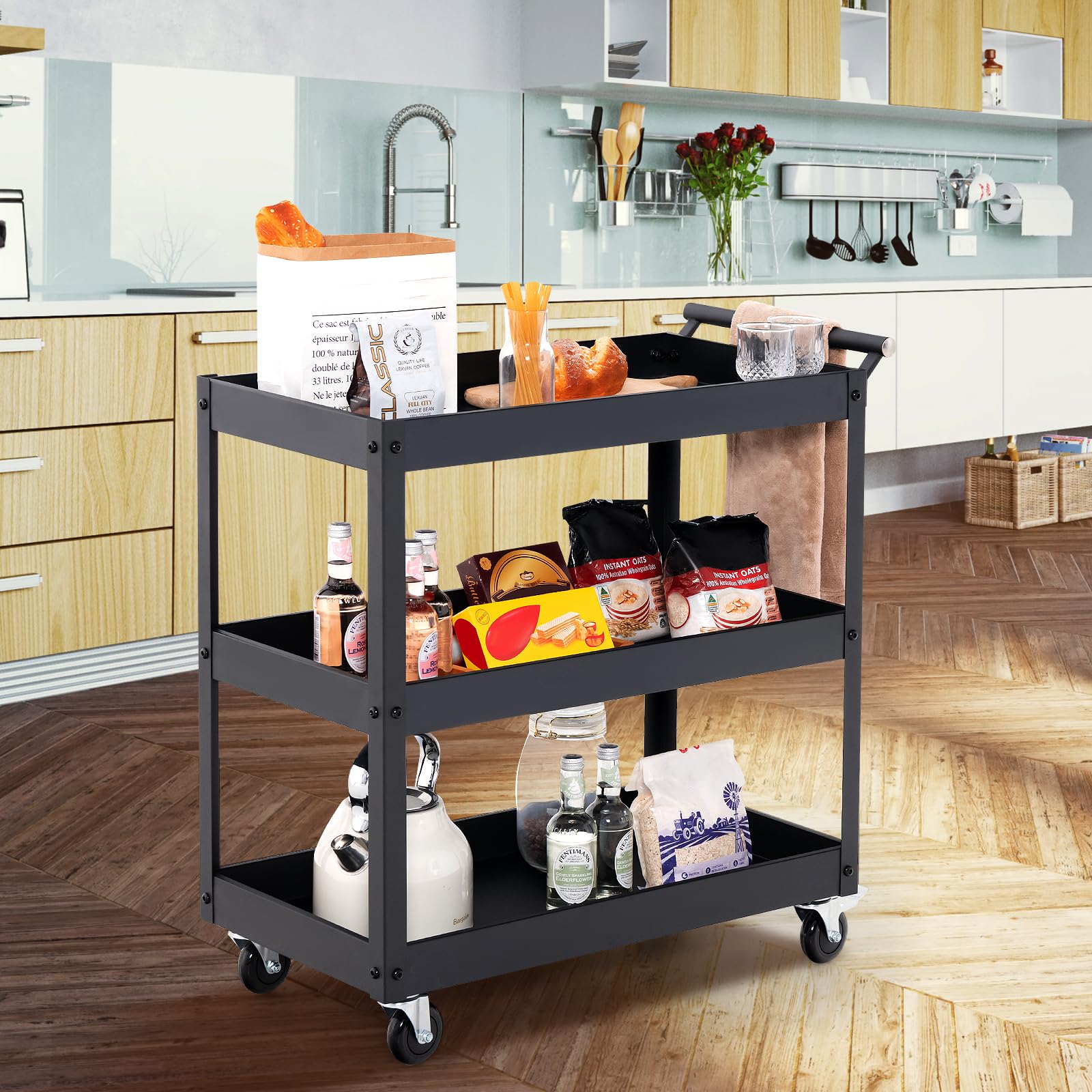 GYMAX Chariot à Outils d'Atelier 3 Niveaux, Chariot de Service en Métal, 4 Roues Universelles dont 2 avec Freins, Charge 120KG, Organisateur de Rangement Mobile, pour Maison, Cuisine, Entrepôt, Garage