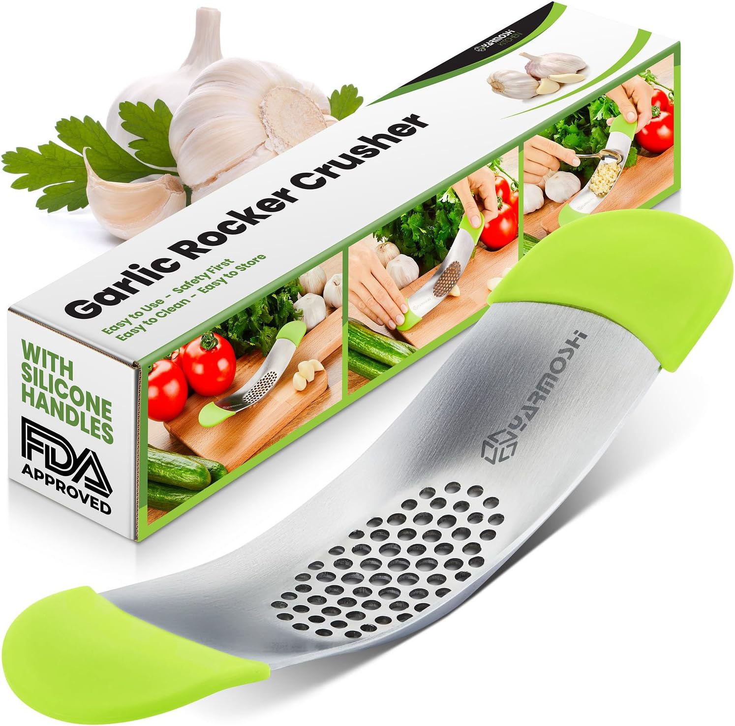 Solid Stainless Steel Garlic Press Rocker - Chopper Mincer - Perfect Ginger Crusher - Revolutionary Innovative Anti Slip SILICONE HANDLES for Best Grip! (The Only one on the Market)