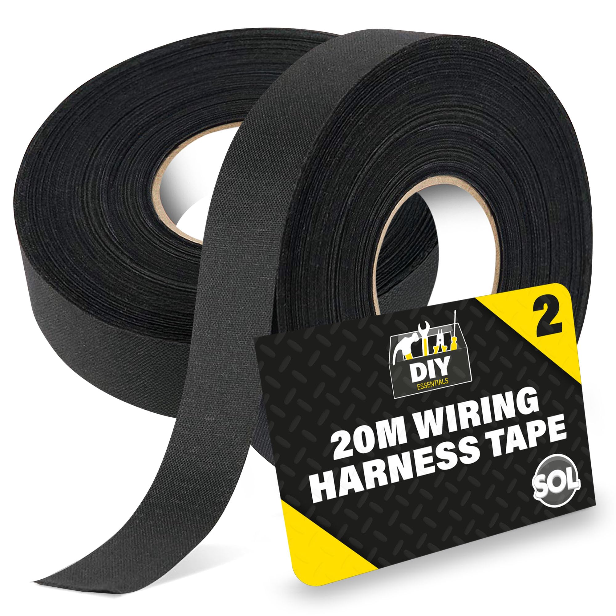 SOL 2pk 20m Wiring Cloth Tape, Black Loom Harness Binding Felt for Cars, Motorcycle, Durable and Flexible, Heat-Resistant Adhesive Fabric Strip, Ideal for Automotive Electrical Wire Cable Management