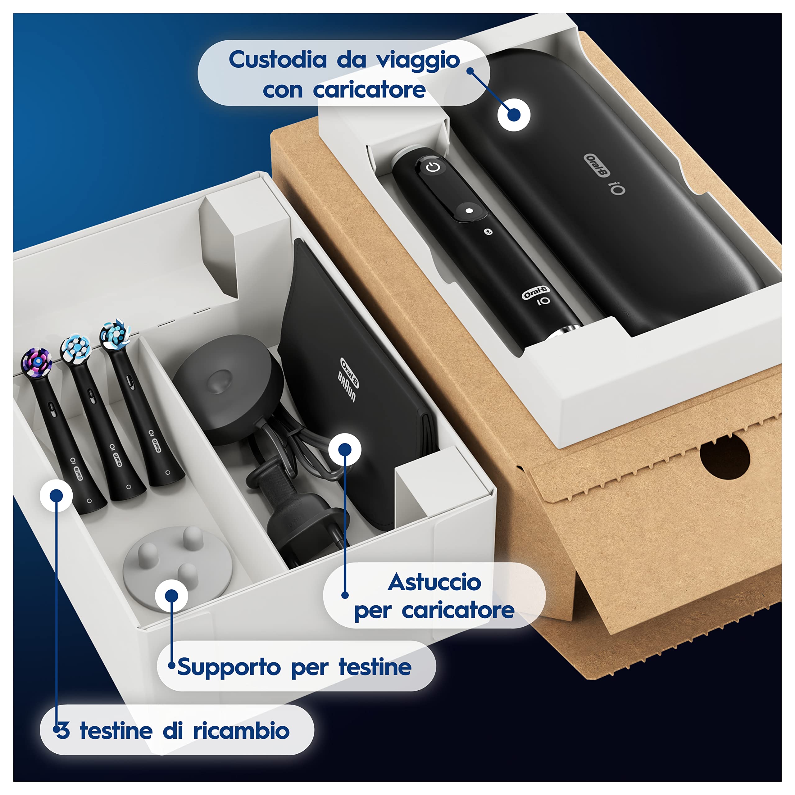 Oral-B Spazzolino Elettrico Ricaricabile iO 9 Nero, 3 Testine Oral B Di Ricambio, Spazzolino Elettrico, Custodia Da Viaggio con caricatore, Pulizia Denti Efficace