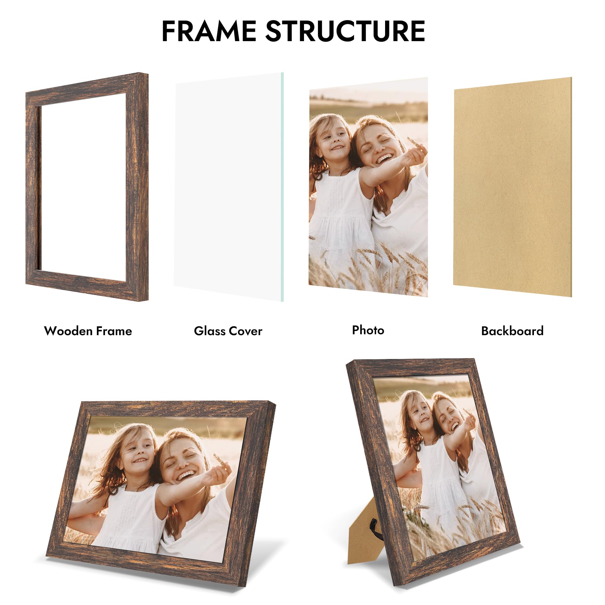 8x10 Picture Frame with Real Glass Wood Frame (Rustic Brown, 1 Pack) T52182