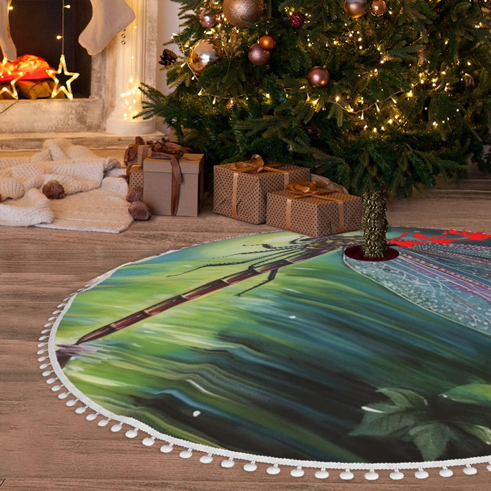 Jupe de sapin de Noël motif libellule peluche douce 121,9 cm tapis de sapin ferme intérieur