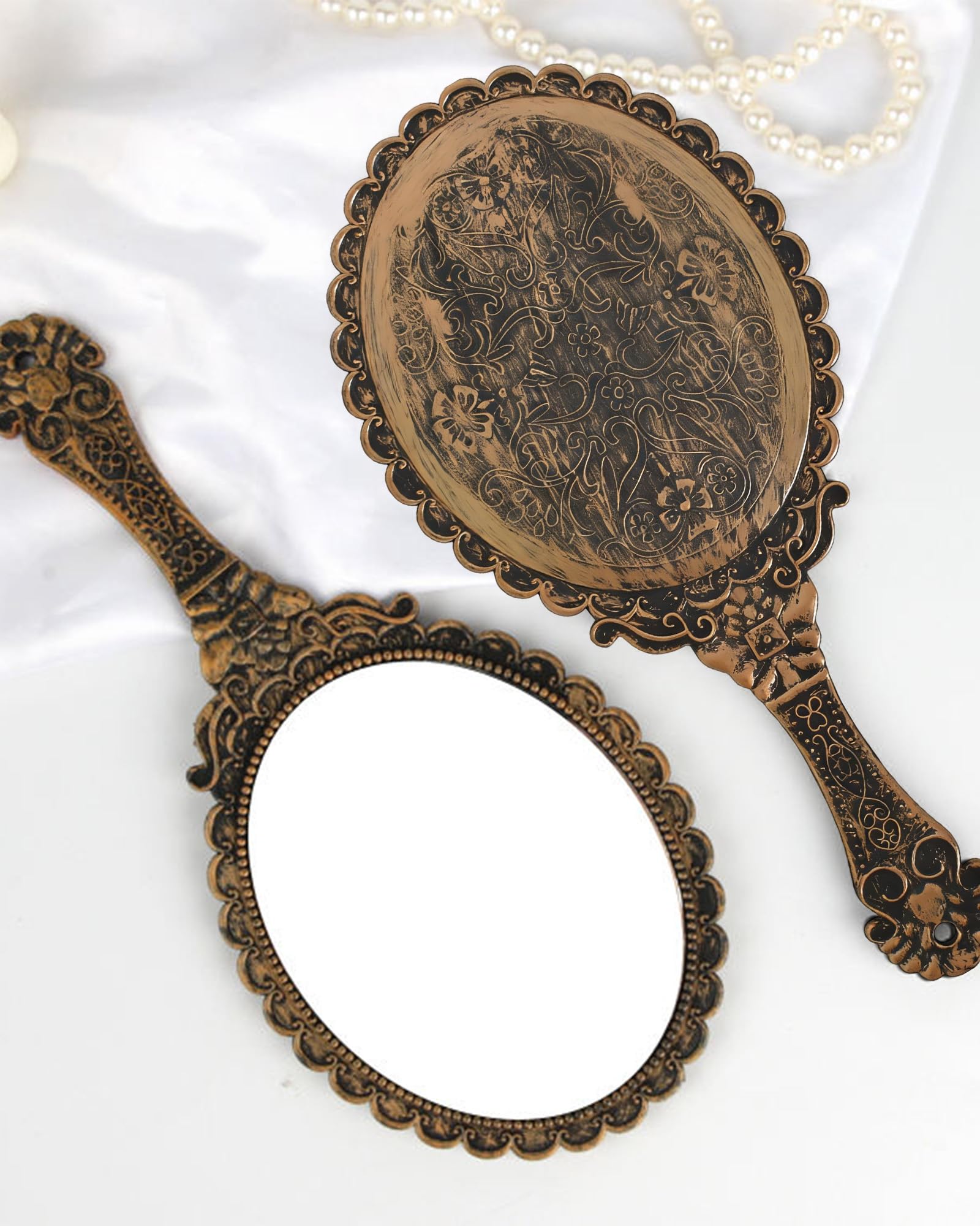 Specchio a Mano Vintage Bronzo, Mini Specchio Ellittico Compatto per Parrucchiere, Trucco, Casa, Viaggi