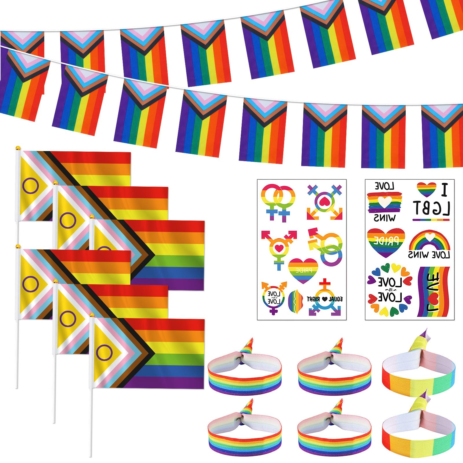 Pride Decorations Set - Pride Flag Bunting Banner Progress Handheld Flags Rainbow Bracelets Tattoos for Rainbow Party Supplies, LGBTQ Gay Month Parade Street Bar Home Garden Decor Accessories