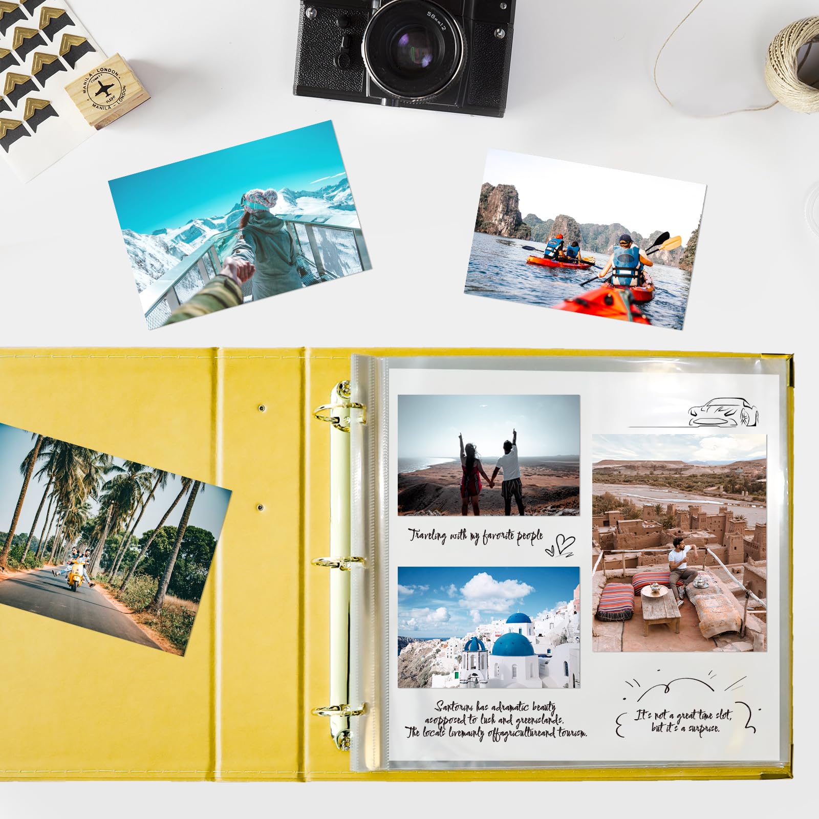 Álbum de fotos de 12 x 12 pulgadas, carpeta de 3 anillas, cubierta de piel, álbum de recortes de 12 x 12 pulgadas, anillo en D con 10 fundas de plástico, color amarillo