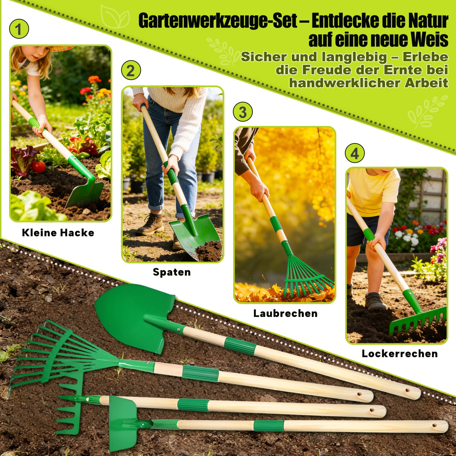 Metall Gartengeräte Set mit Schaufel, Rechen, Gabel, Handschuhen, Schürze, Gießkanne, 10 Stück