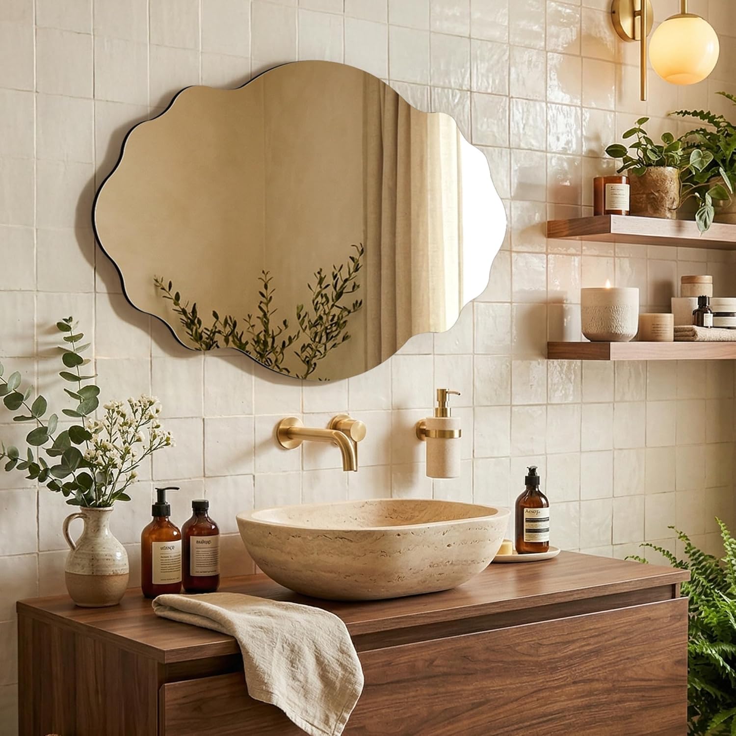 Frameless Irregular Wall Mirror, Asymmetrical Wavy Bathroom Mirror, Abstract Decorative Wall Mirror for Bedroom, Living Room, Hallway, Vanity Wall Decor 20"x30"(1 Pack)