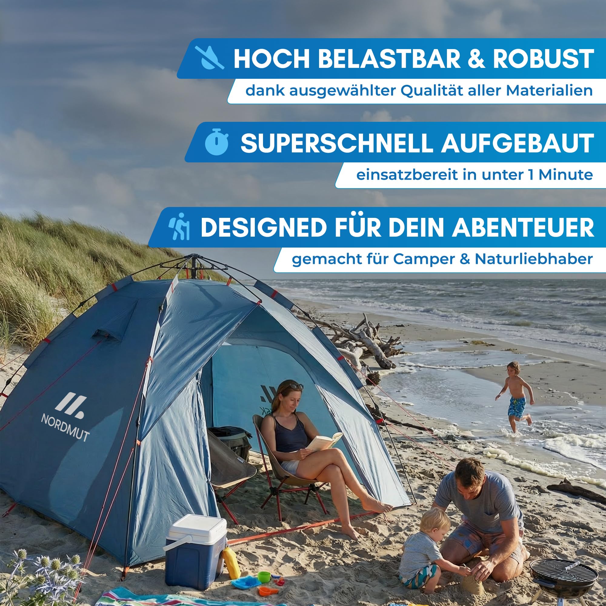NORDMUT® Wurfzelt 2-4 Personen für blitzschnellen Aufbau – Pop Up Zelt 2-4 Personen wasserdicht & UV-Schutz – Campingzelt mit hervorragender Luftzirkulation