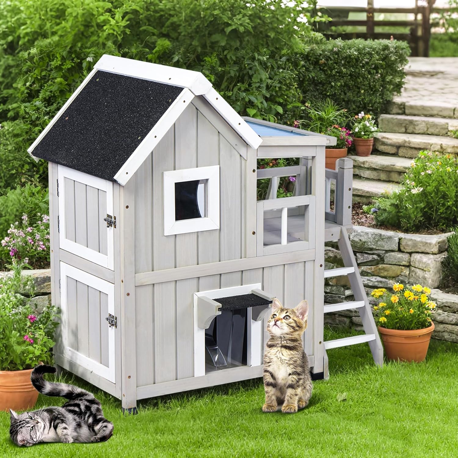 Cat House Premium Wooden Cats Shelter Weatherproof Catio Two Story Indoor & Outdoor Houses for Cats and Small Animals Condos Kitty House for Winter for 2-3 Cats with Sunlit Terrace
