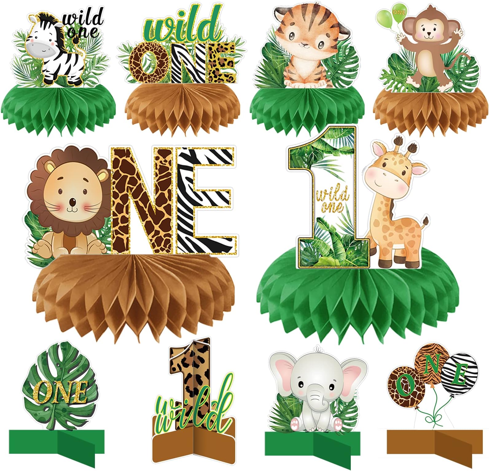 10 PCS Wild One Honeycomb Centerpieces Birthday Decorations for Boys and Girls Safari Centerpieces for Tables 3D Double Side Baby Shower Jungle Animals Party Decorations