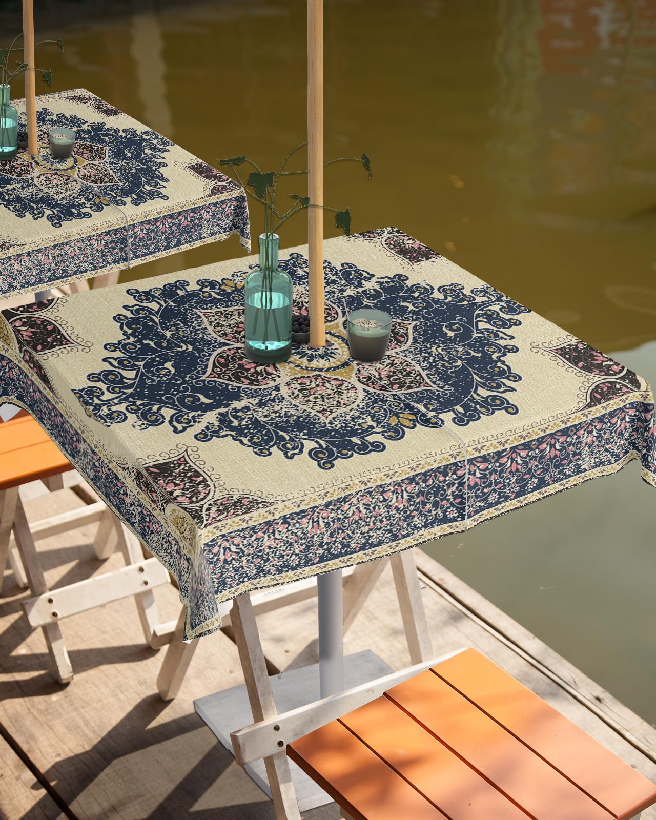 Western Flower Outdoor Tablecloths with Umbrella Hole and Zipper, Waterproof/Stain Resistant Square Table Cloth 60x60 Patio Table Cover for Picnic/Party Rustic Tribal Ethnic Boho Farmhouse