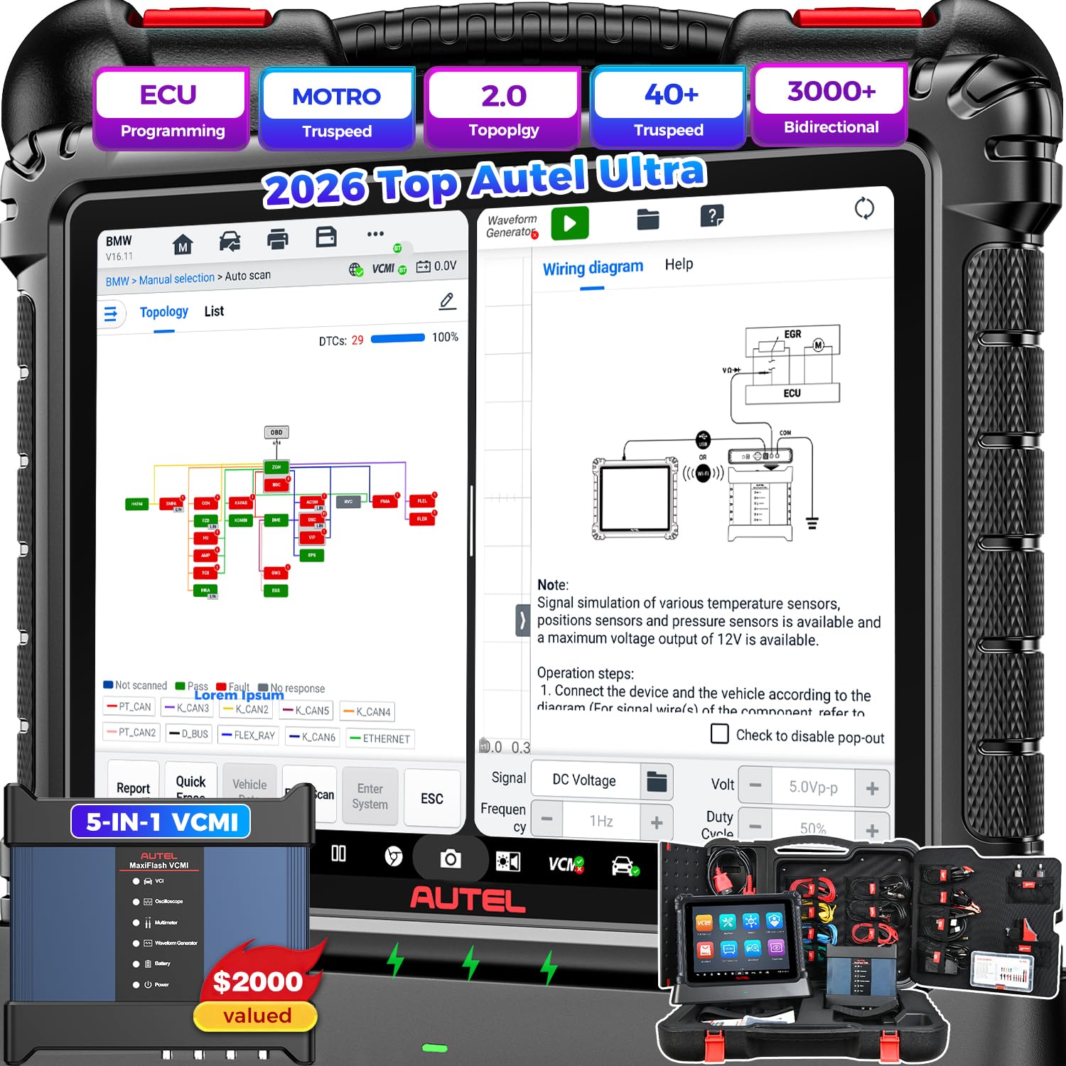 MaxiSYS Ultra Scanner, 2026 MSUltra Top Intelligent Scan Tool, Topology, 5IN1 VCMI, ECU Function, 3K+ Bidirectional Diagnostic, 40+ Reset Up of Ultra Lite MS919 MS909 Elite 2 Pro, Motor TruSpeed