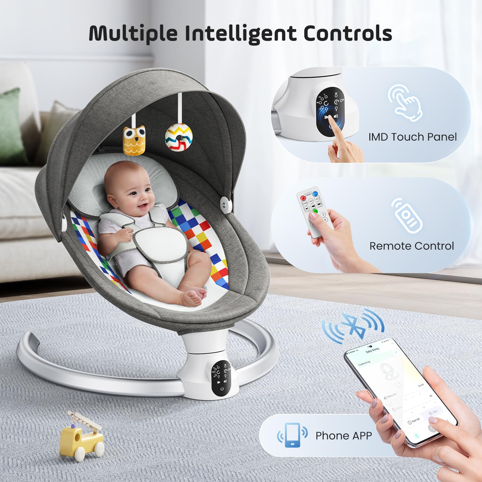 hamaca bebé electrica con aplicación móvil y control remoto, mecedora para bebés eléctrica con cinturón de Seguridad de 5 puntos, cronómetro de 3 tramos con 5 amplitud de oscilación
