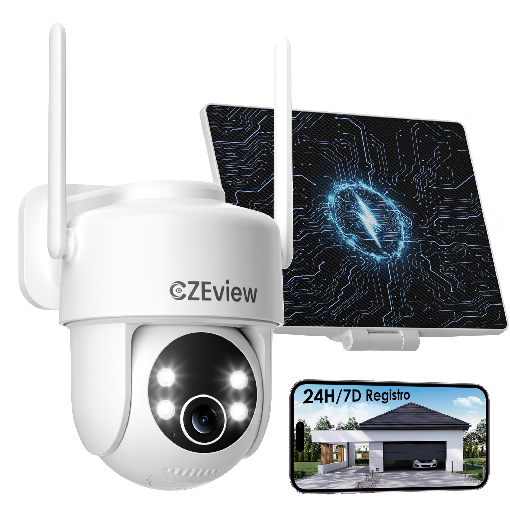 CZEview Todo en 1 Camara Vigilancia WiFi Exterior Solar con Batería, sin Cable, Seguridad Camaras Vigilancia Domicilio WiFi, Humana/PIR Sirena, Visión Nocturna Color, IP65 (2K Blanco 2a Gen)