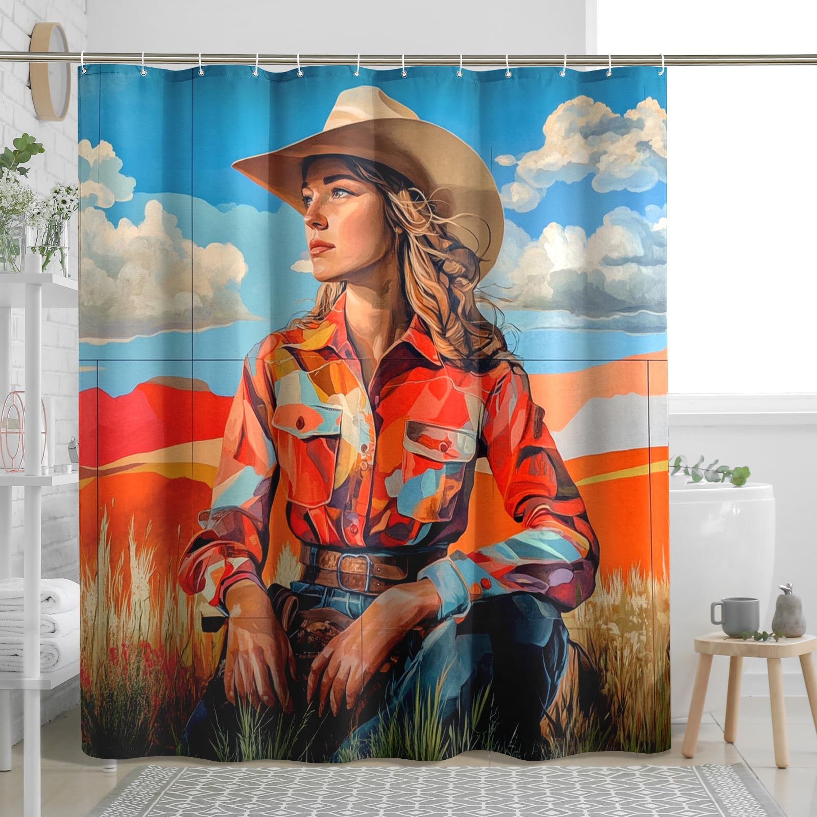 Rideau de douche cowgirls, motif western rouge vif orange pour décoration de salle de bain, rideau de douche en tissu imperméable de style vintage d'automne avec crochets 183 x 198 cm