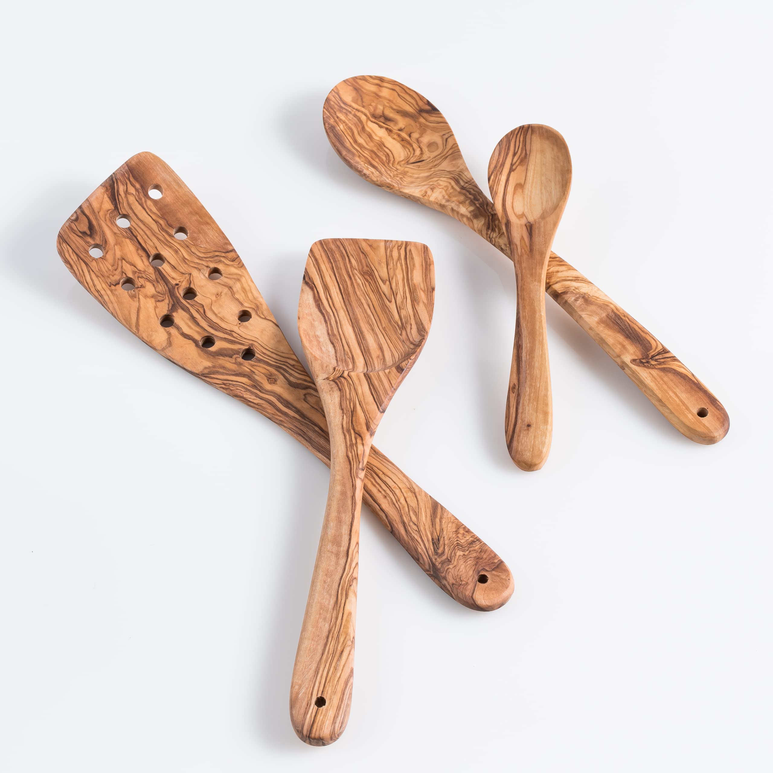 Set de 3 cucharas de cocina de madera de olivo Darido con cuchara extra pequeña - 30 cm - hecho a mano - resistente al calor - Utensilios - cuchara, espátula, espátula ranurada y cuchara pequeña