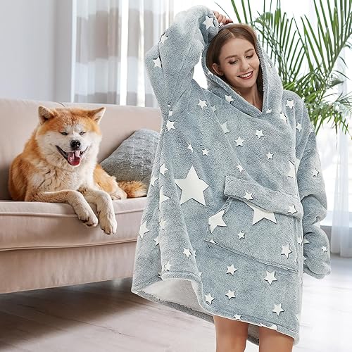 Miniatura 2 de Fiosnow Manta con capucha de estrellas que brillan en la oscuridad para mujeres y hombres adultos, manta de gran tamaño para llevar suave y cálida