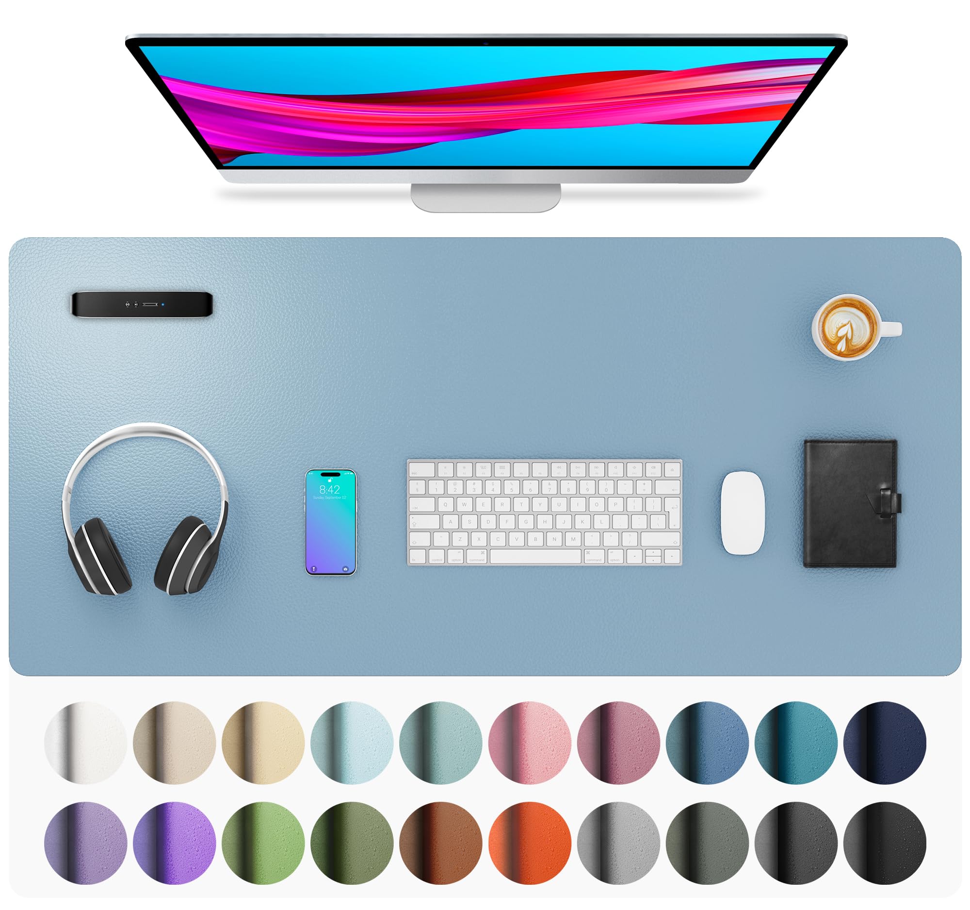 Aothia Faux Leather Desk Mat, Waterproof Desk Pad (Sky Blue, 36" x 17)