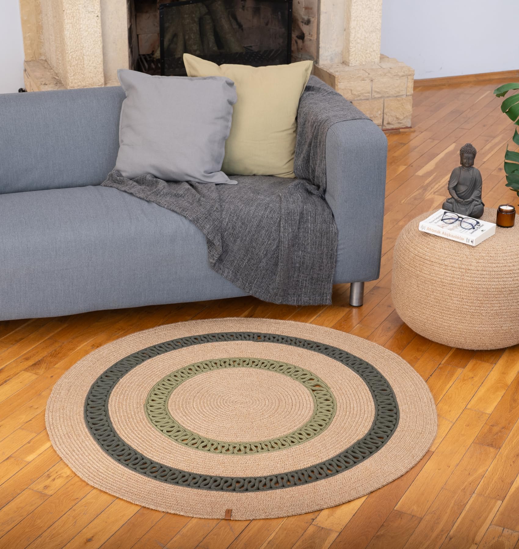 Dekorist Alfombra Redonda de Yute, Alfombra Redonda Bohemia Decorativa, Beige Natural, Alfombras de Yute con Anillo Verde para Sala de Estar, Cocina, Dormitorio, 120 cm, Ganges