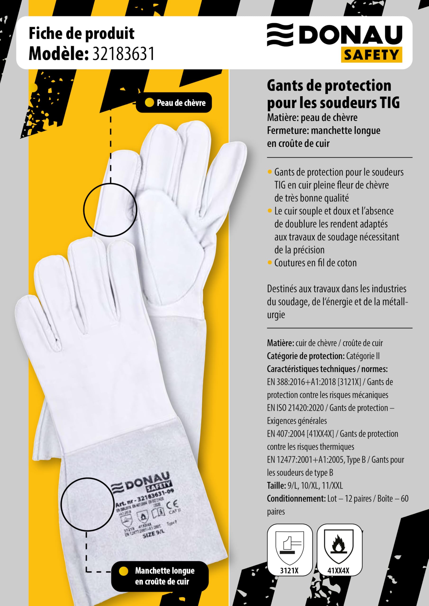 DONAU SAFETY Guante de soldador de piel de cabra para soldadura TIG/talla 9, 1 par/tacto suave, muy suave y cómodo/guantes de trabajo de cuero/guantes de protección
