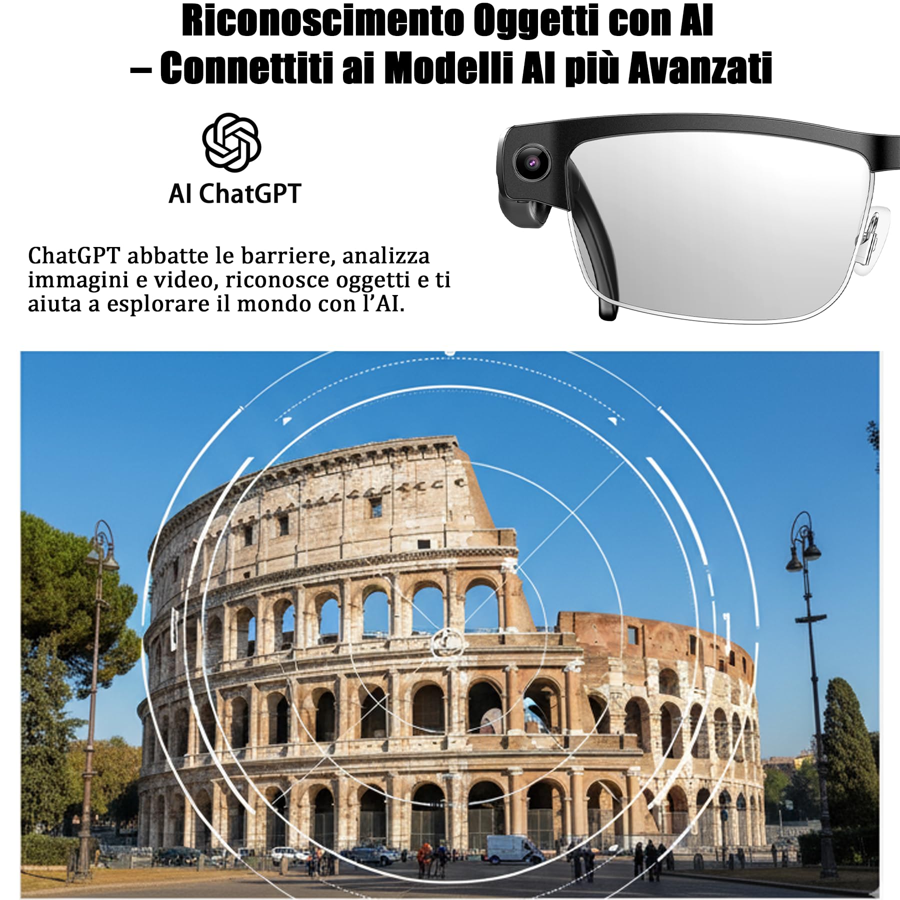 SINOTE'CA AI Smart Glasses con Telecamera 8MP, Occhiali Intelligenti Bluetooth, Occhiali da Sole con Videocamera Integrata, Traduzione in Tempo Reale, Musica Open-Ear, Microfono Dual Noise Reduction