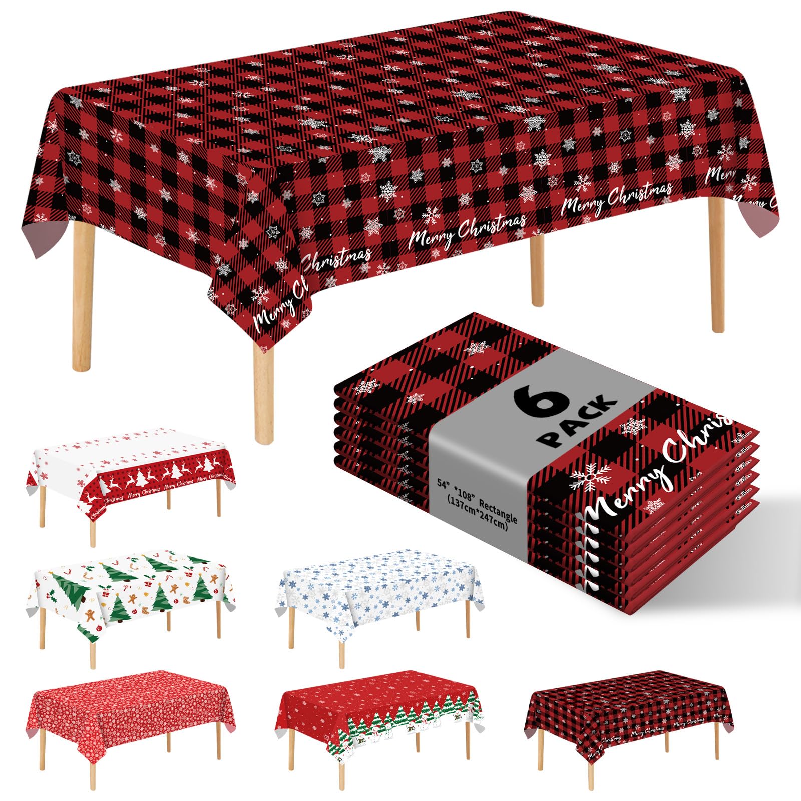 JHDZDHY 6 Pack Snowflake Tablecloth - Disposable Plastic Table Cover for Christmas Party Decoration Supplies - 54 x 108 Inches (Red Checkered