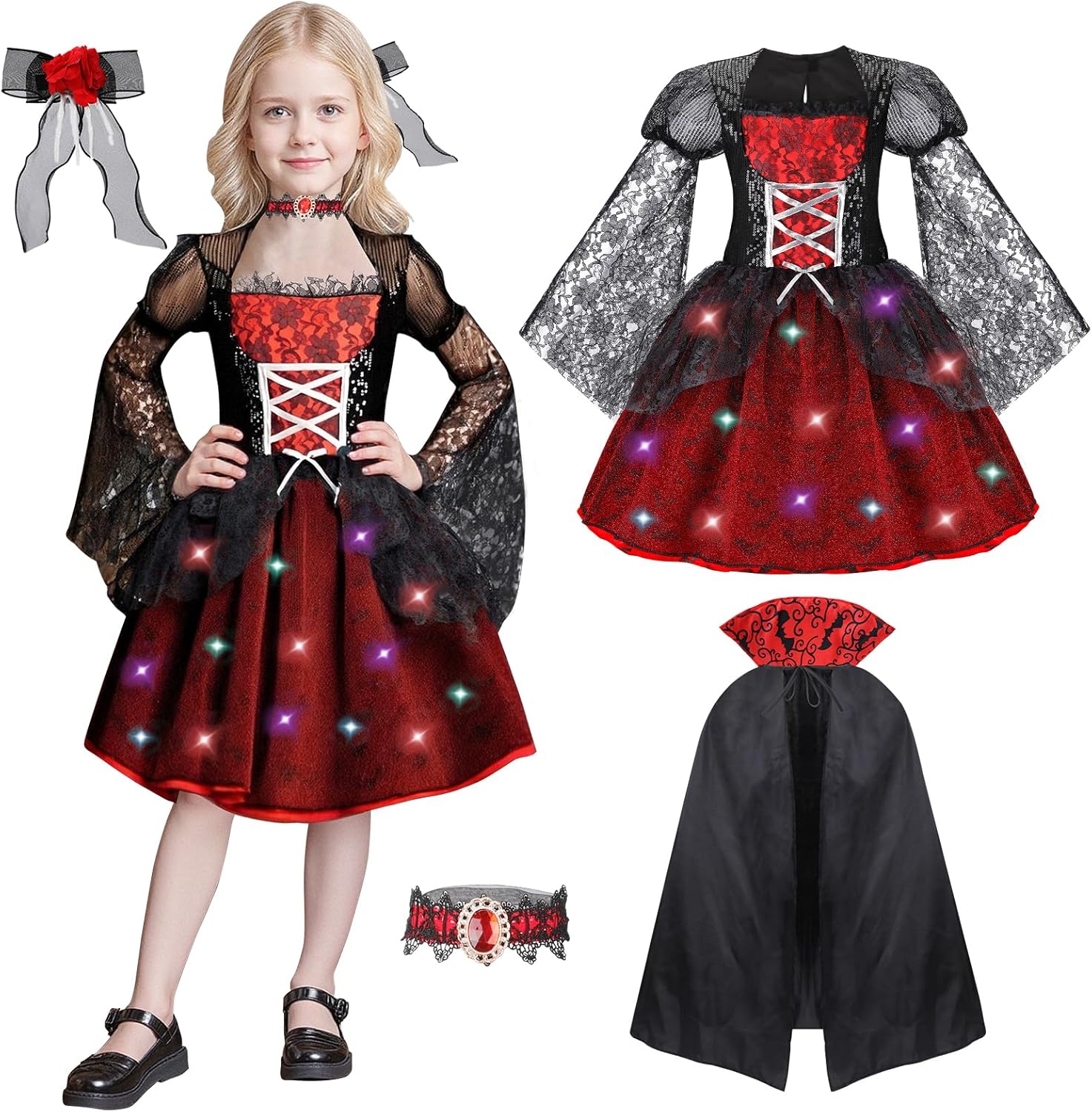 LOYO Vampire Costume for Girls - Light Up Halloween Costumes for Toddler Girl with Cape,Hair Clip, Dress Up for Kids Age 3-10 5-6 Years
