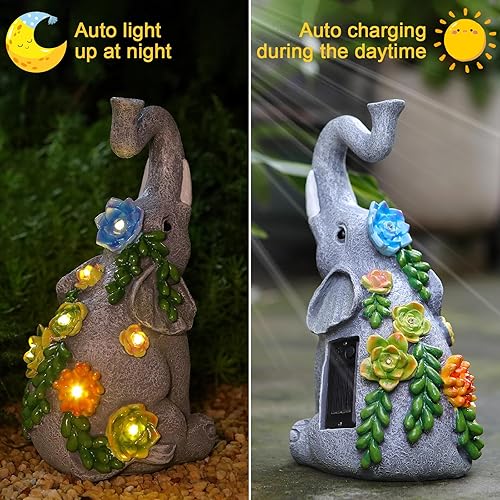 Miniatura 4 de Estatua de escultura de elefante al aire libre  Elefante solar de jardín con 7 luces LED suculentas para patio, patio de buena suerte, regalos de