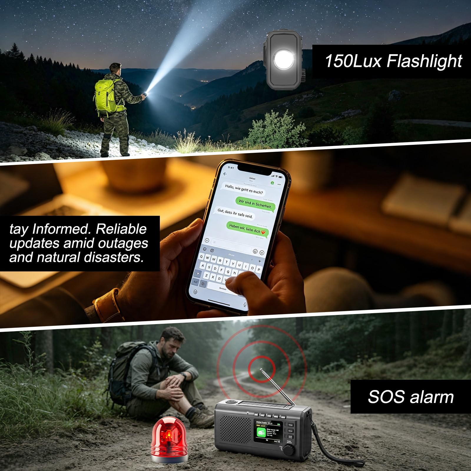 Radio di emergenza DAB+/FM con manovella, ricarica solare e USB, Bluetooth 5.3, radio a manovella con batteria da 2000 mAh, power bank, allarme SOS, lampada da lettura, sveglia, scheda TF per esterni