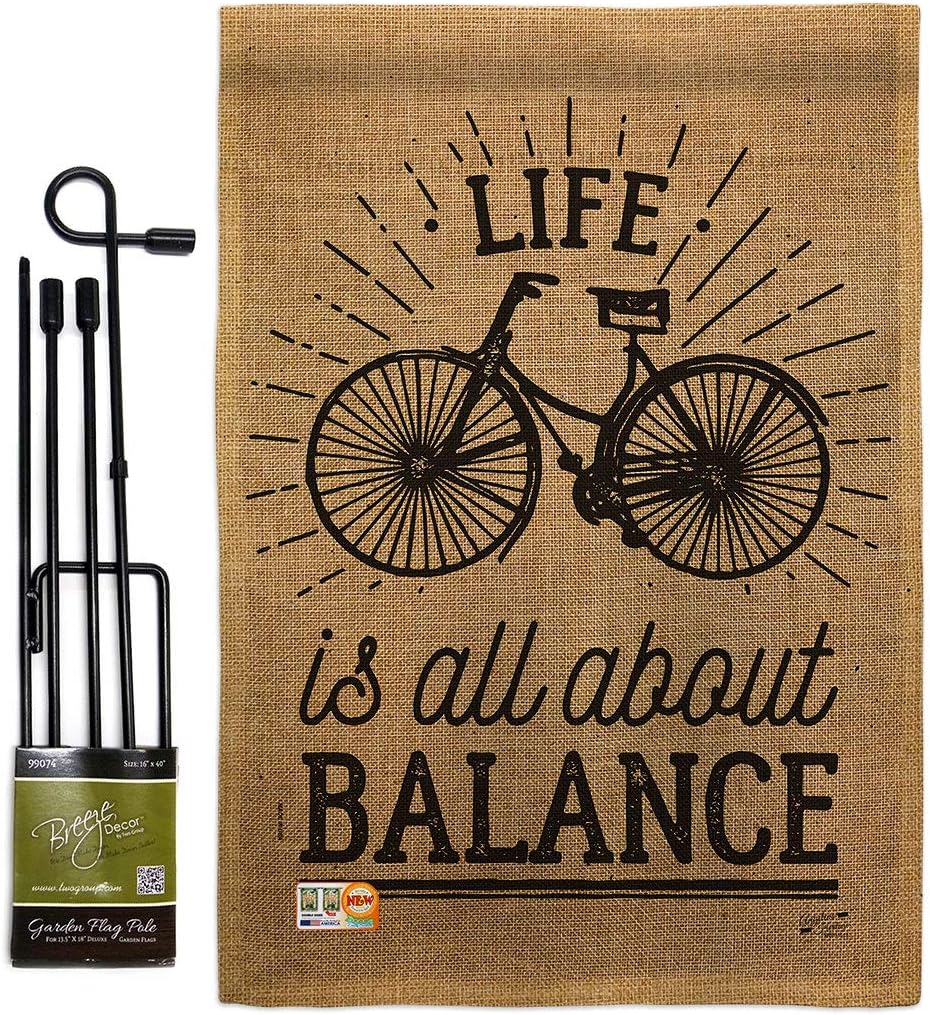 Life Is All About Balance Garden Flag Set with Stand Sports Ride Bicycle Bike Velo Entertainment Activity Physical Small Decorative Gift Yard House Banner Double-Sided Made In USA 13 X 18.5