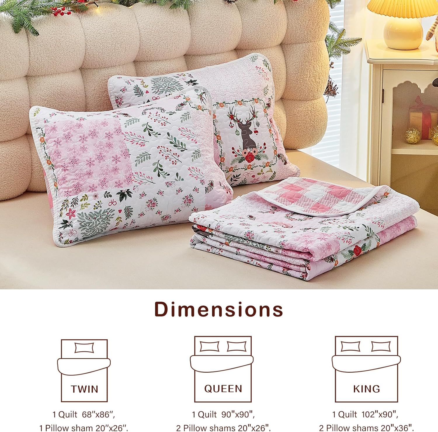 Joyreap 3pcs Christmas Quilt Set Queen, Pink Xmas Patchwork Design, Lightweight Microfiber Bedspread Coverlet for All Season- 88x88 inches
