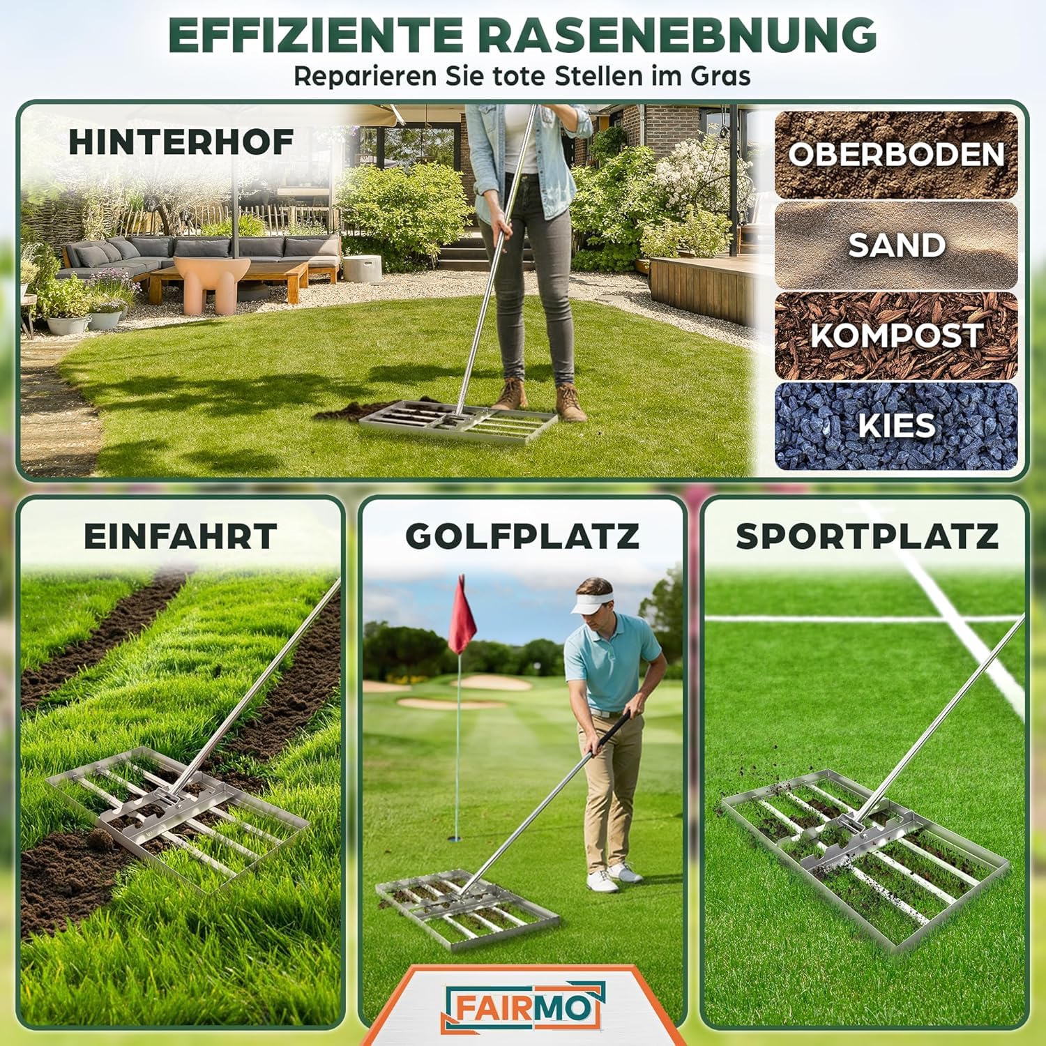 Rasenrechen Rasenrakel Edelstahl (75x35 cm) von Fairmo [für sattgrünen Rasen] - Rakel für Rasen inkl. 2 Meter Stiel - Rasenpflege mit Nivellierrechen - Rasenrechen breit Sanden