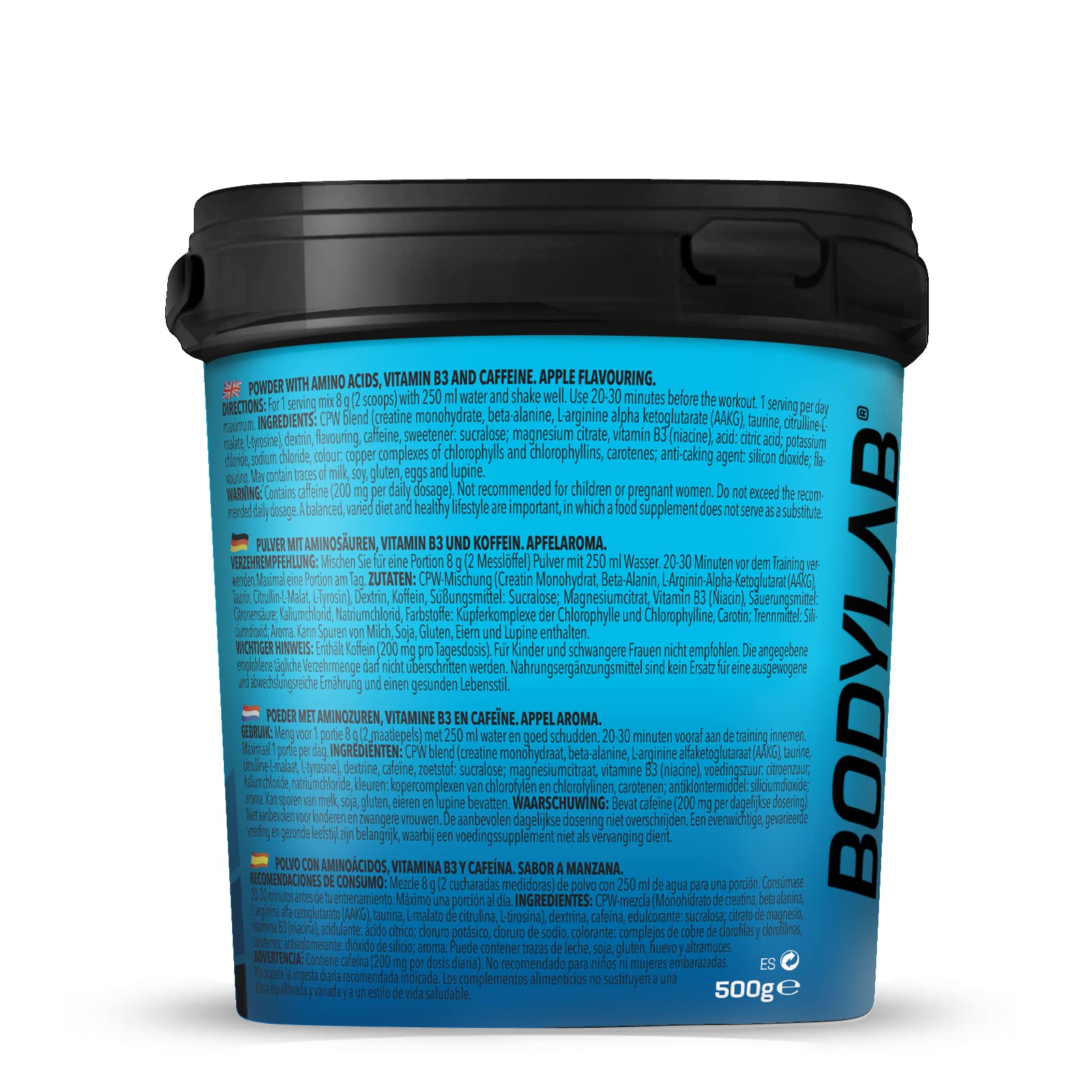 Bodylab24 Concentrated Pre Workout Grüner Apfel 500g, enthält unter anderem Kreatin, Beta-Alanin, Arginin, Niacin und Koffein, bewährte All-In-One-Formel fürs Training