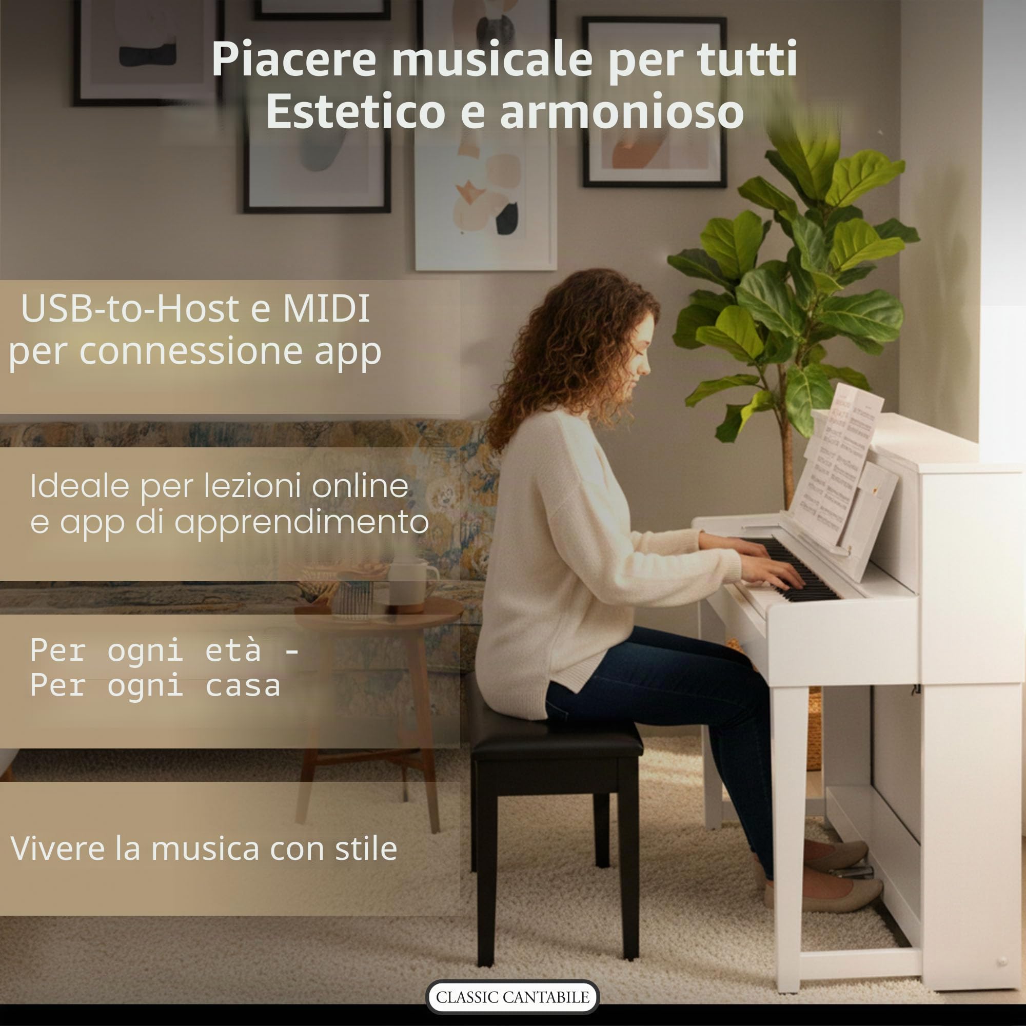 Classic Cantabile UP-1 WM Pianoforte Verticale Digitale - 88 Tastiera pesata - Pianola musicale con USB, MIDI, 256 polifonia, 40 voci - Piano digitale Set con Panca e Cuffie - Bianco Opaco