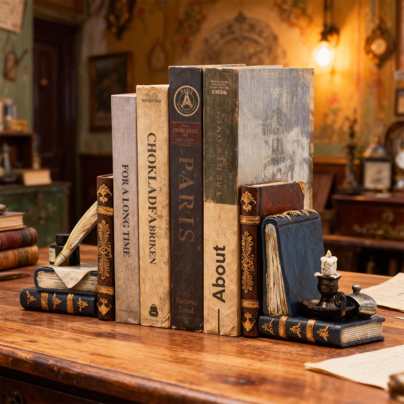 Dekorative Vintage-Buchstützen Einzigartige Zauberer-Federkiel und Tintenflasche mit Öllampe Buchhalter Antiken Stil Buchstützen für Regale Cottage Magic Wohnkultur