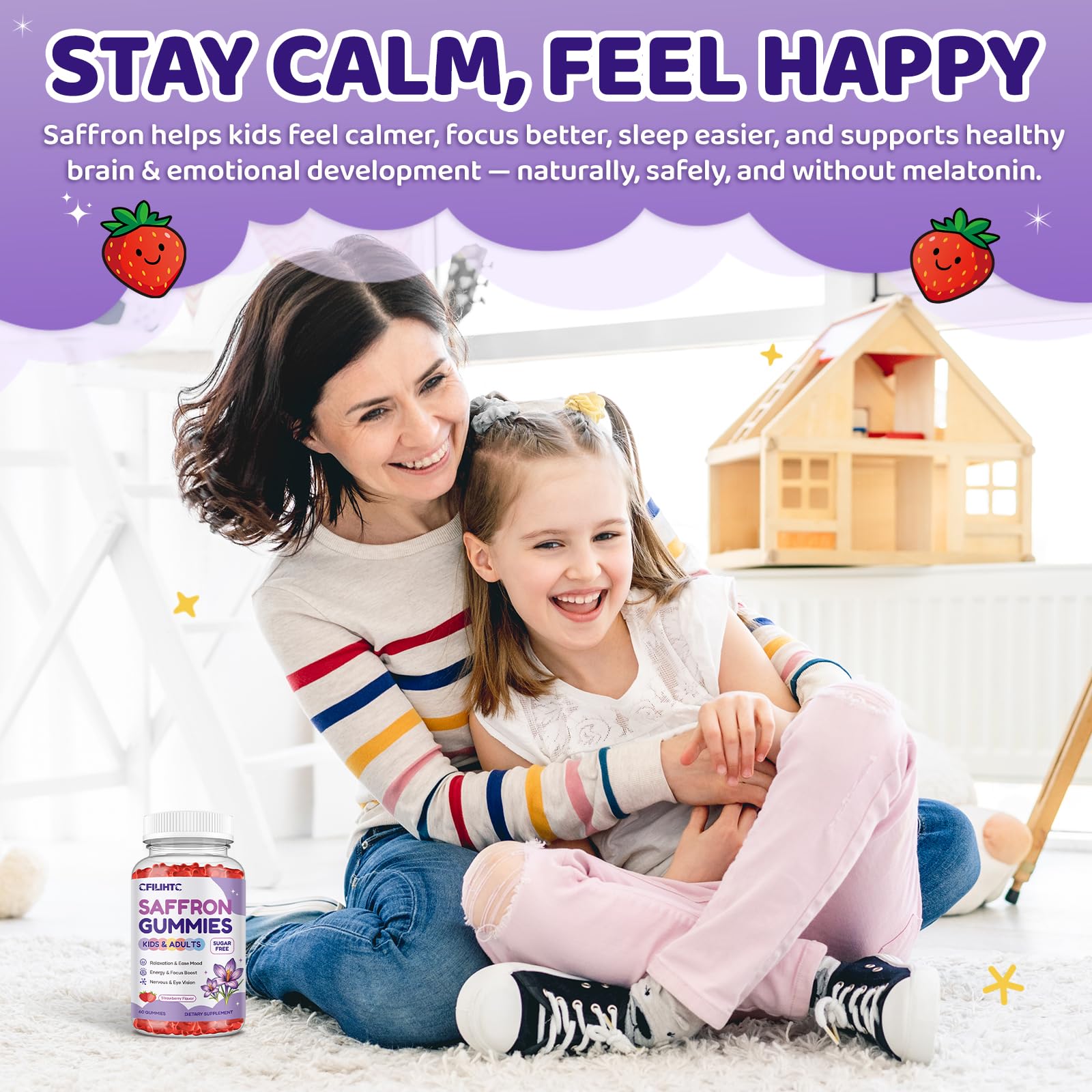 Saffron Gummies for Kids & Adults, 20-in-1 Saffron Supplements with 88.5mg Saffron Extract, B6, B12, C, D3, Magnesium for Calm, Focus, Nerve, Sugar Free, Vegan, Non-GMO - Strawberry Flavor, 60 Counts — Amazon image 8