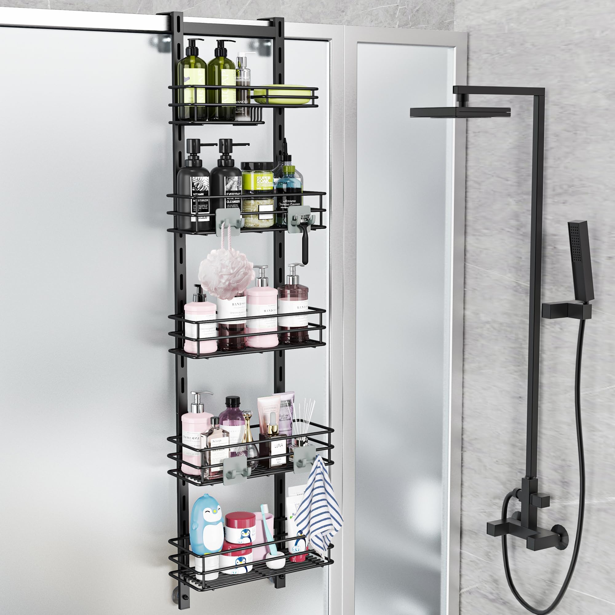 Orimade Over the Door Shower Caddy Adjustable 5 Tier Black,Bathroom Hanging Organizer Shelf Rustproof with 4 Hooks,Shower Basket with Soap Holder and Suction Cup