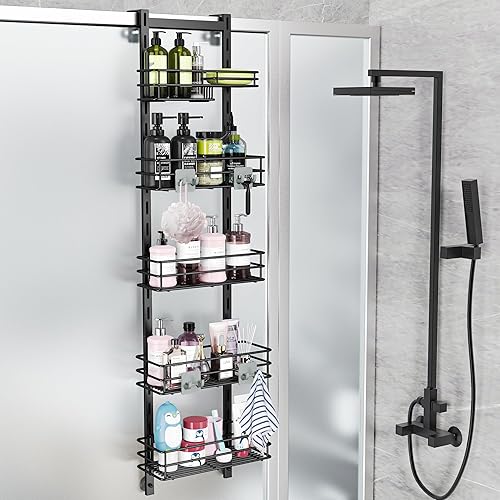 Orimade Over the Door Shower Caddy Adjustable 5 Tier Black,Bathroom Hanging Organizer Shelf Rustproof with 4 Hooks,Shower Basket with Soap Holder and Suction Cup