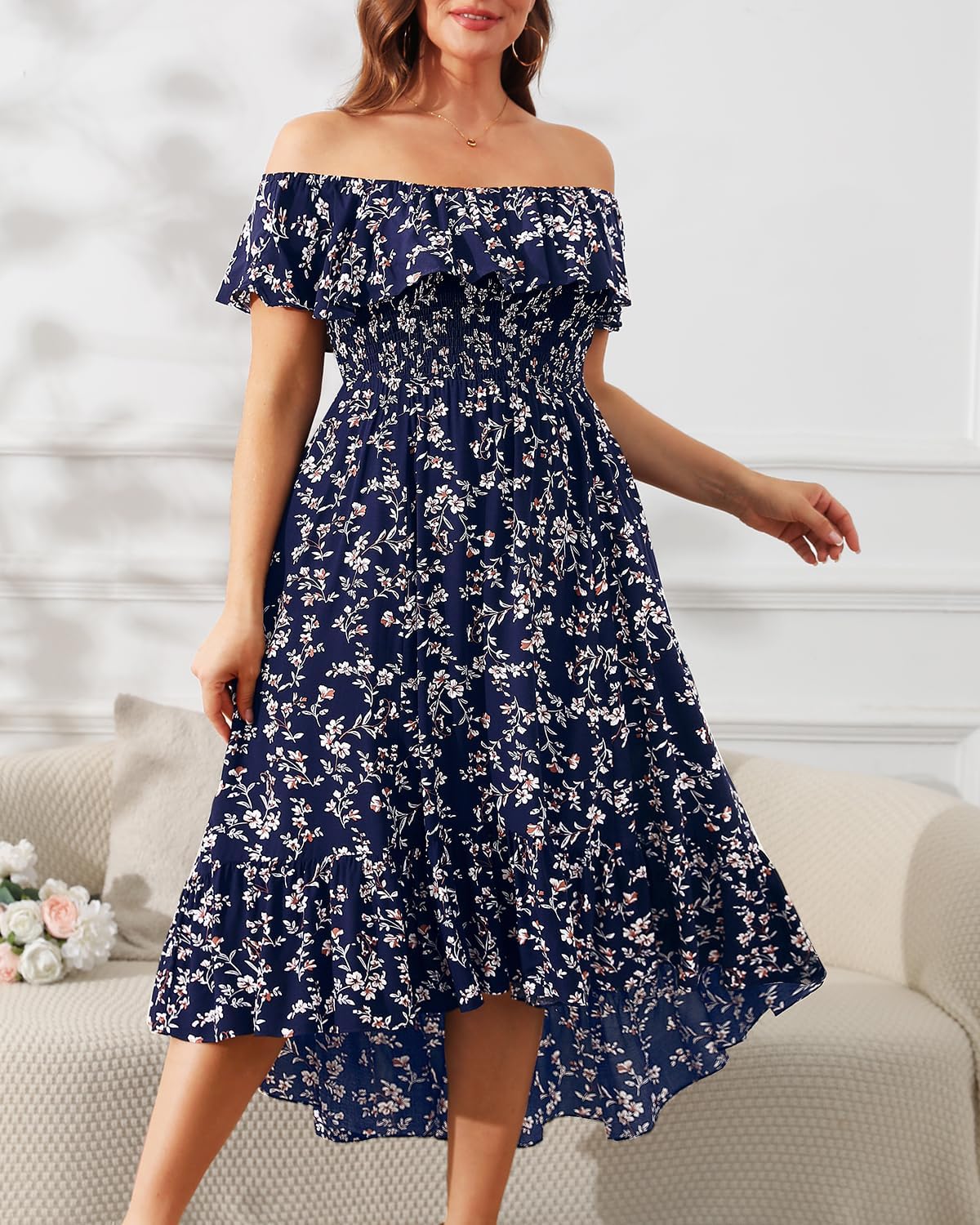 Pinup Fashion Plus Size Summer Dresses - Off Shoulder Ruffle Boho Casual High Low Smocked Dress with Pockets - Image 3