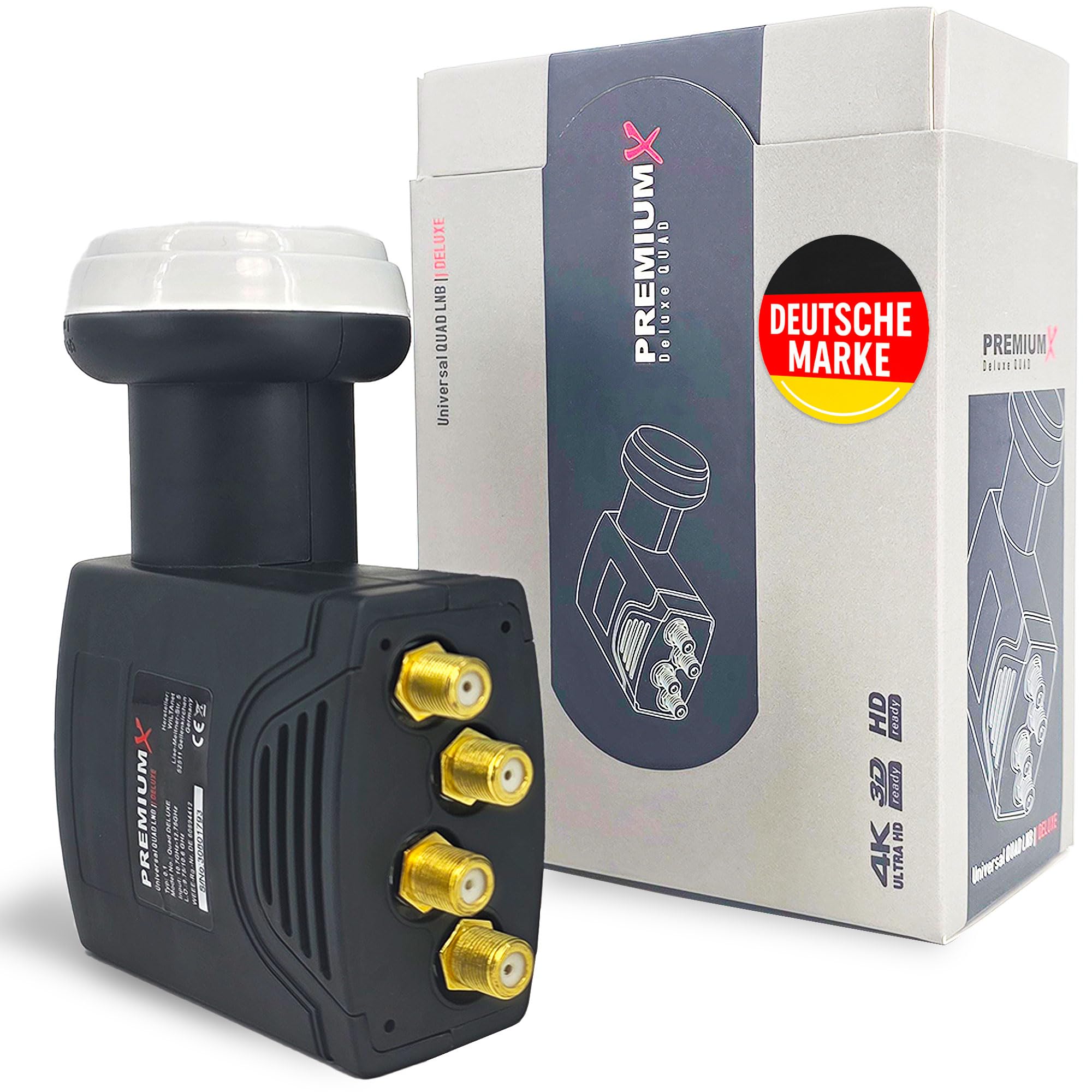 Premium X Deluxe Quad LNB – 4-Fach LNC Kopf mit LTE-Filter – SAT PLL Technik – 4 Teilnehmer – Digital UHD 4K 8K Full HD 3D – vergoldete Kontakte - Wetterschutz – Schwarz