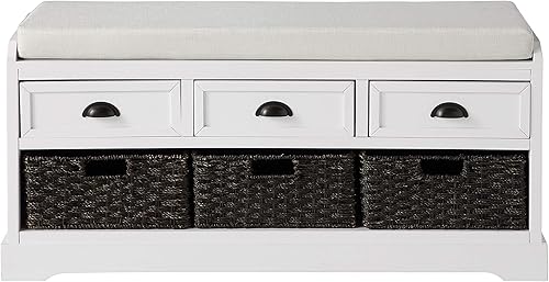 Miniatura 29 de SOFTSEA - Banco organizador de almacenamiento con 3 cajones, 3 canastas de ratán y cojín extraíble, para entrada, pasillo, sala de estar (negro)