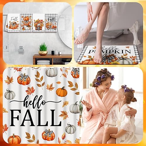 Miniatura 7 de Juego de 8 cortinas de ducha de otoño con diseño de calabaza de otoño con 12 ganchos, alfombras antideslizantes para tapa de inodoro, alfombra