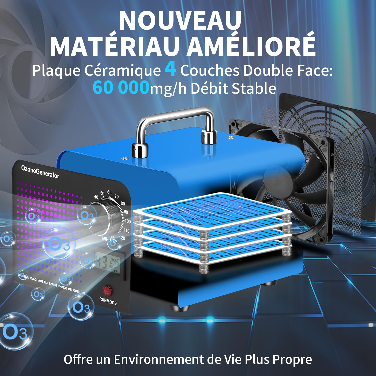 Charmofun Générateur d'Ozone Domestique 60000 mg/h, Machine à Ozone avec Affichage de la Température et de l'Humidité, Générateur d'Ozone Purificateur d'Air pour Cuisine, Voitures, Fumée (Bleu)