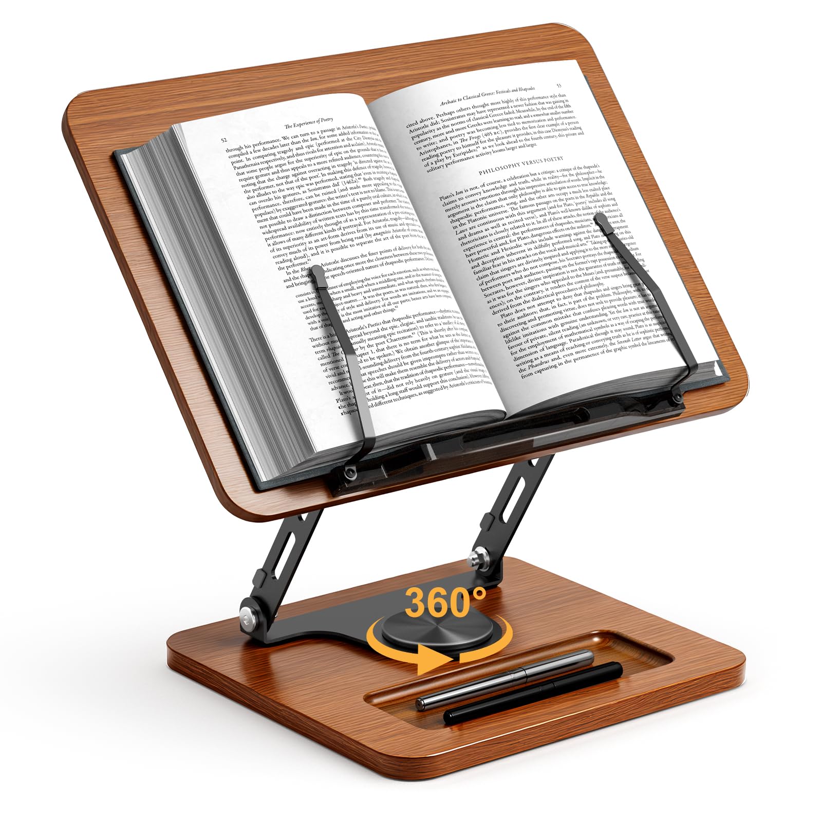 Book Stand for Reading 360 Rotating Hands Free Book Holder Adjustable Height and Angle Page Clip for Cookbook