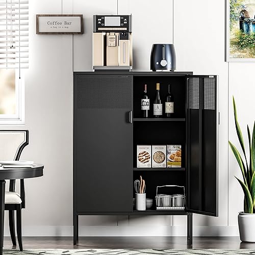 Miniatura 2 de Armario de almacenamiento de metal negro, armario de almacenamiento de casillero de metal con puertas y estantes, armario de almacenamiento